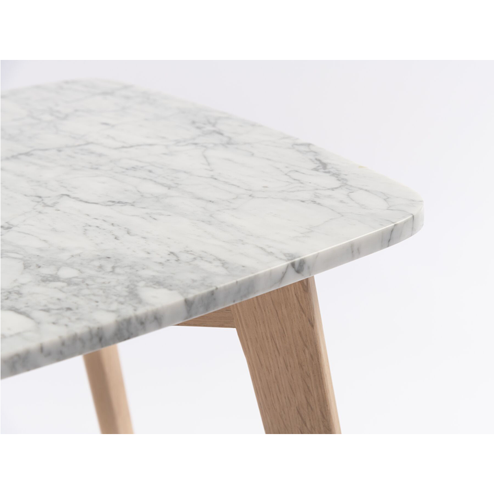 Cima 12" x 21" Rectangular Italian Carrara White Marble Side Table with Oak Legs. Picture 5
