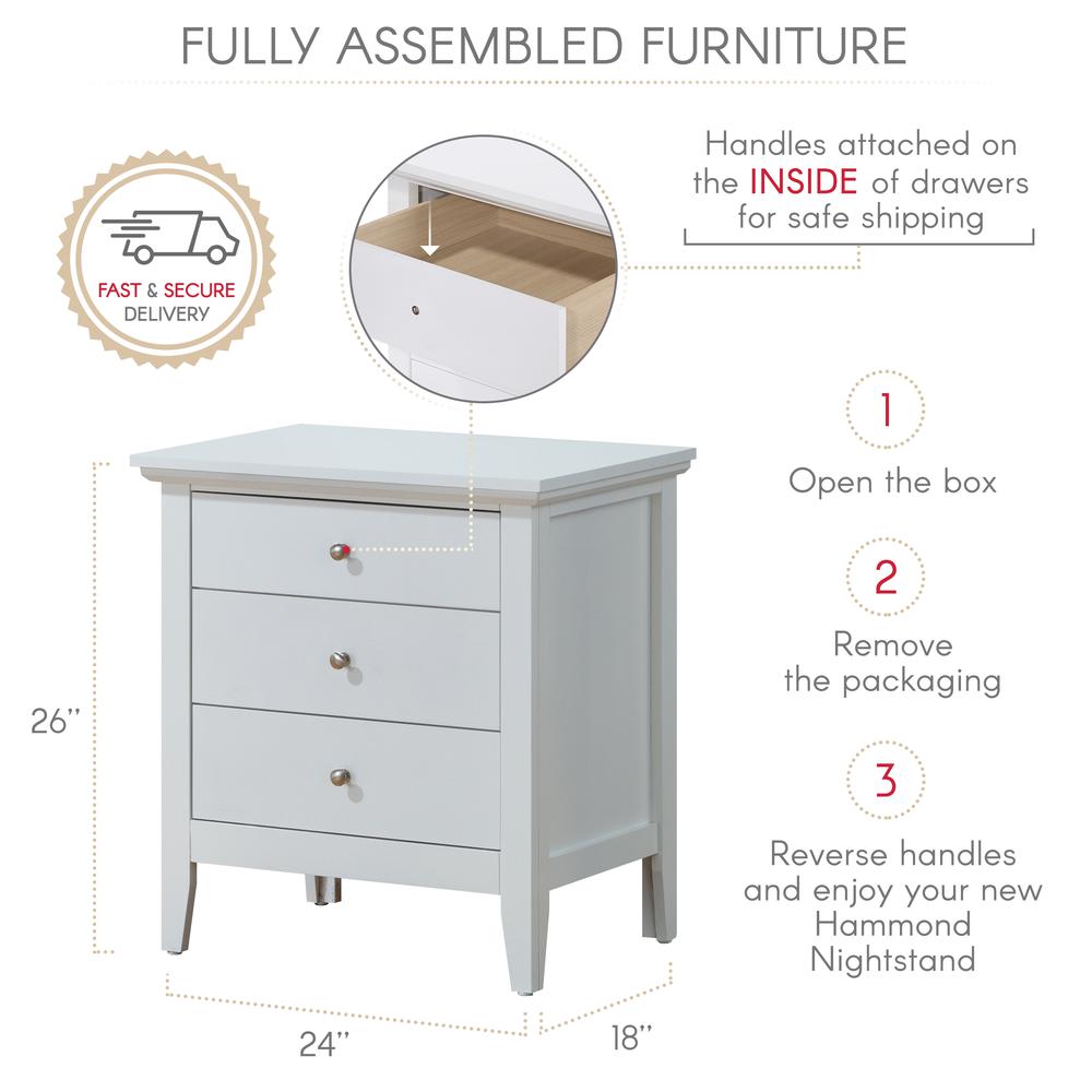 Hammond 3-Drawer White Nightstand (26 in. H x 18 in. W x 24 in. D). Picture 7