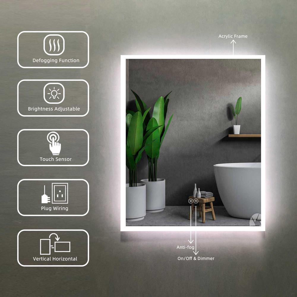 24.02 in. W x 30 in. H Rectangular Frameless Anti-Fog Wall Bathroom LED Vanity Mirror in Silver. Picture 3
