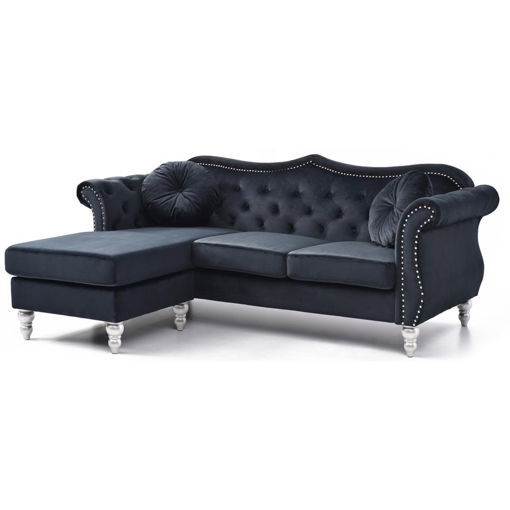 Hollywood 81 in. Black Velvet Chesterfield Sectional Sofa with 2-Throw Pillow. The main picture.