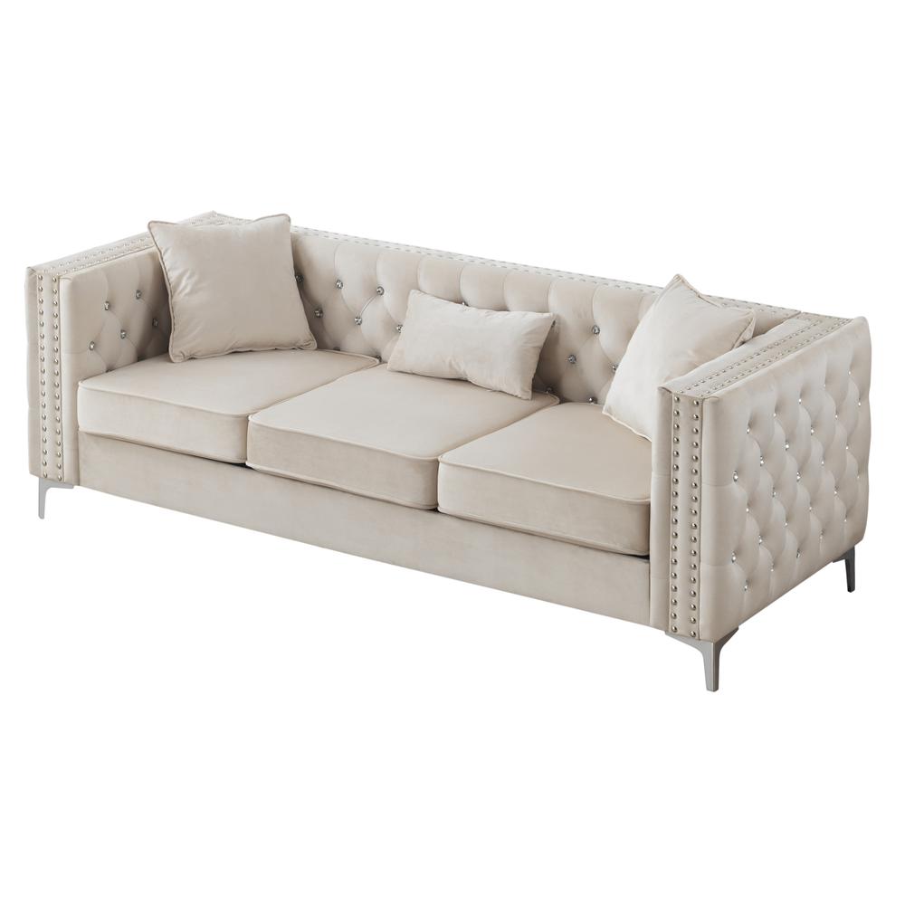 Paige 86 in. Ivory Tufted Velvet 3-Seater Sofa with 2-Throw Pillow. Picture 2
