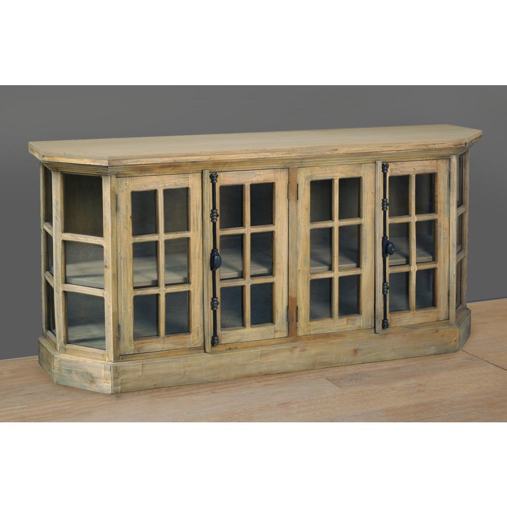 Shabby Chic Cottage 77 in. Driftwood Brown Solid Wood Buffet with Window Pane Glass Door Display. Picture 7