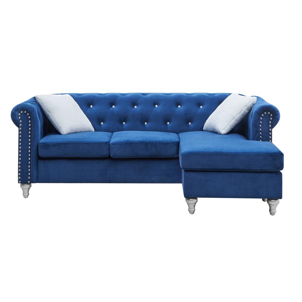 Raisa 82 in. Blue Velvet 3-Seater Sofa with 2-Throw Pillow. Picture 1