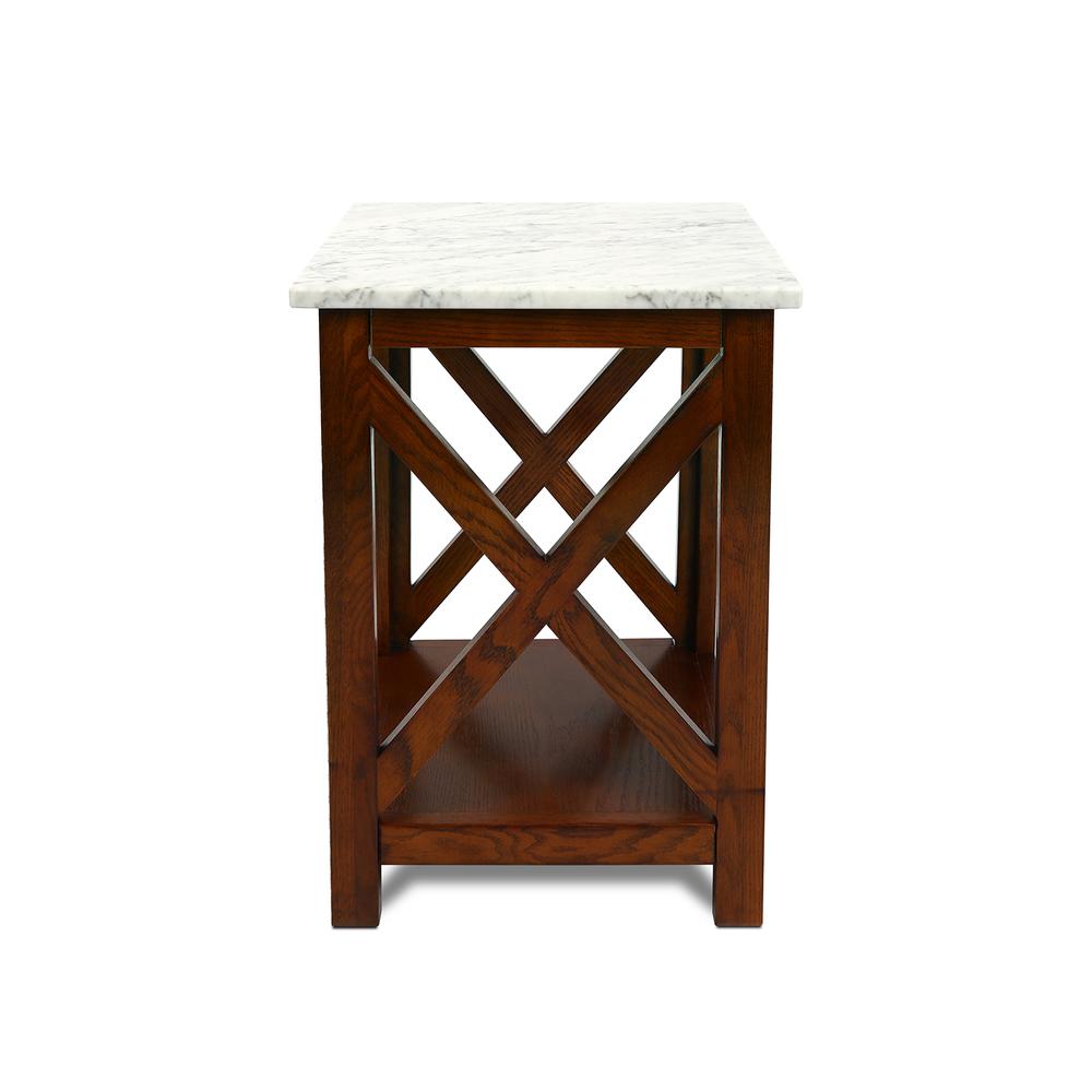 Agatha 15" Square Italian Carrara White Marble Side Table with walnut color solid wood Legs. Picture 3