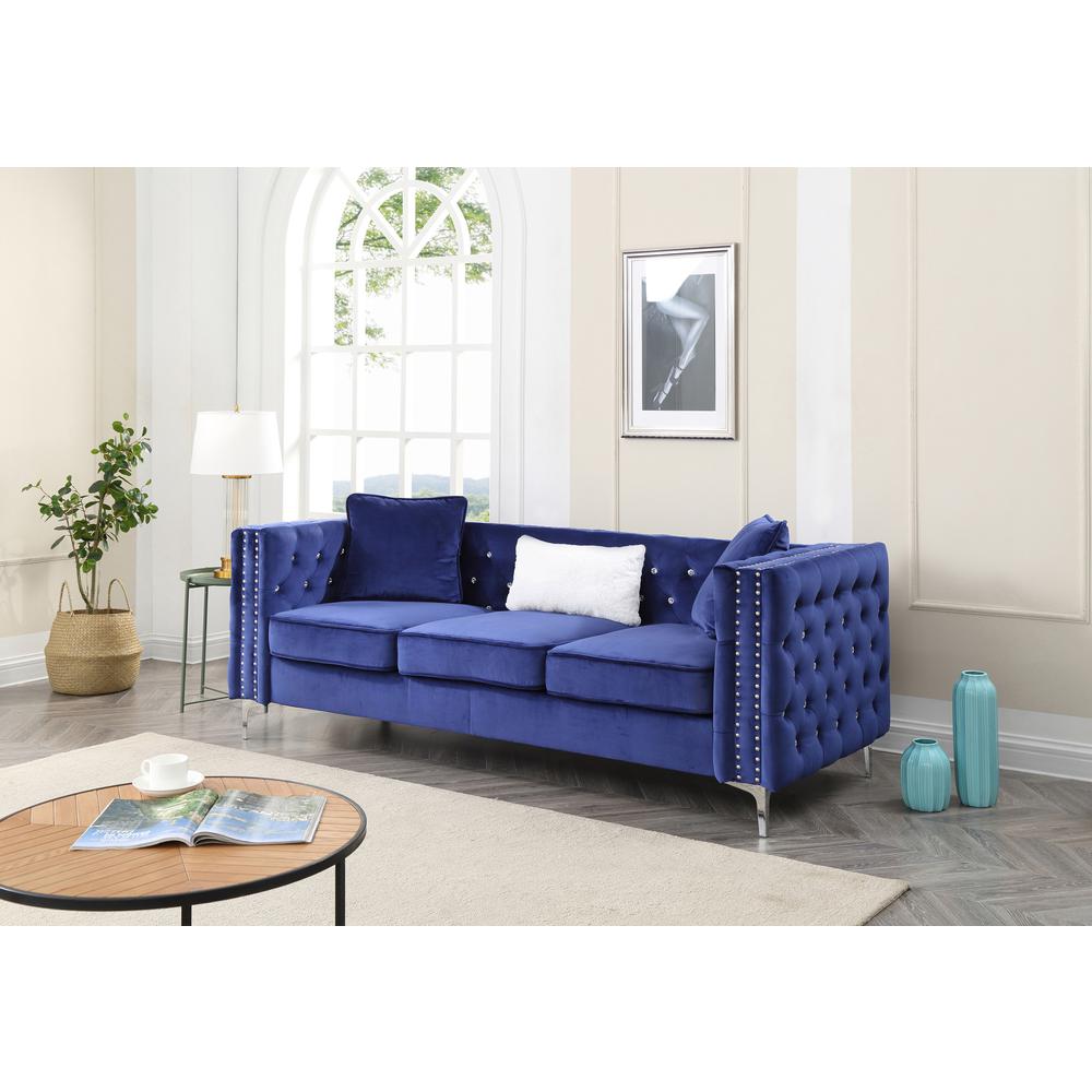 Paige 86 in. Blue Tufted Velvet 3-Seater Sofa with 2-Throw Pillow. Picture 4