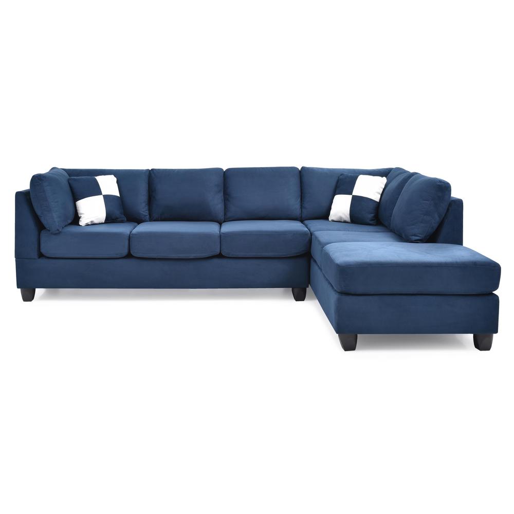 Malone 111 in. Navy Blue Suede 4-Seater Sectional Sofa with 2-Throw Pillow. Picture 1