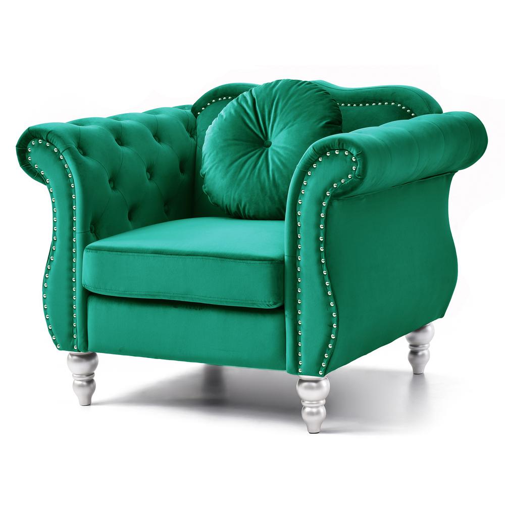 Hollywood Green Chesterfield Tufted Velvet Accent Chair with Round Throw Pillow. Picture 2