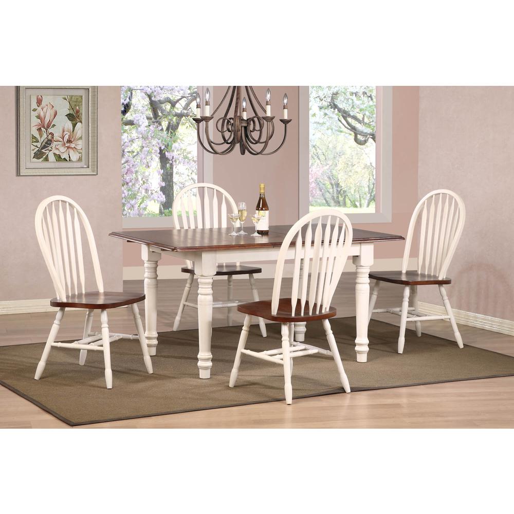 Andrews 5-Piece Solid Wood Top Distressed Antique White with Chestnut Brown Dining Table Set with Extendable Butterfly and Windsor Chairs. Picture 6