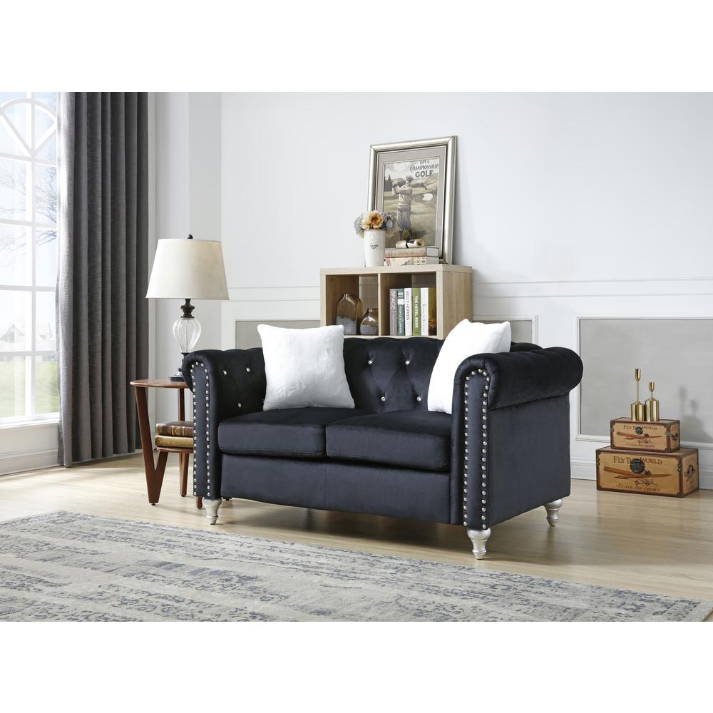Raisa 60 in. Black Velvet 2-Seater Sofa with 2-Throw Pillow. Picture 4