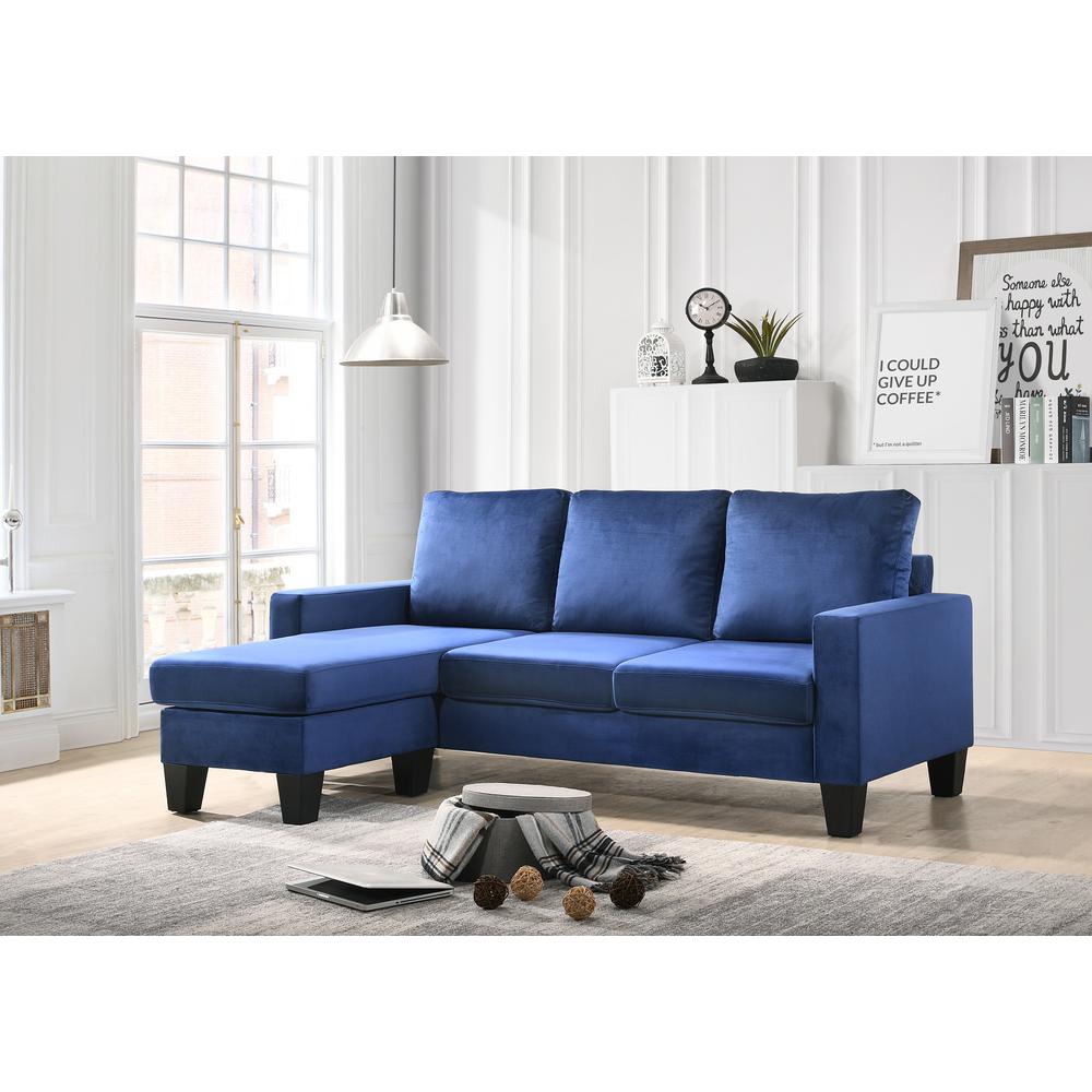 Jessica 77 in. W Flared Arm Velvet L Shaped Sofa in Navy Blue. Picture 5