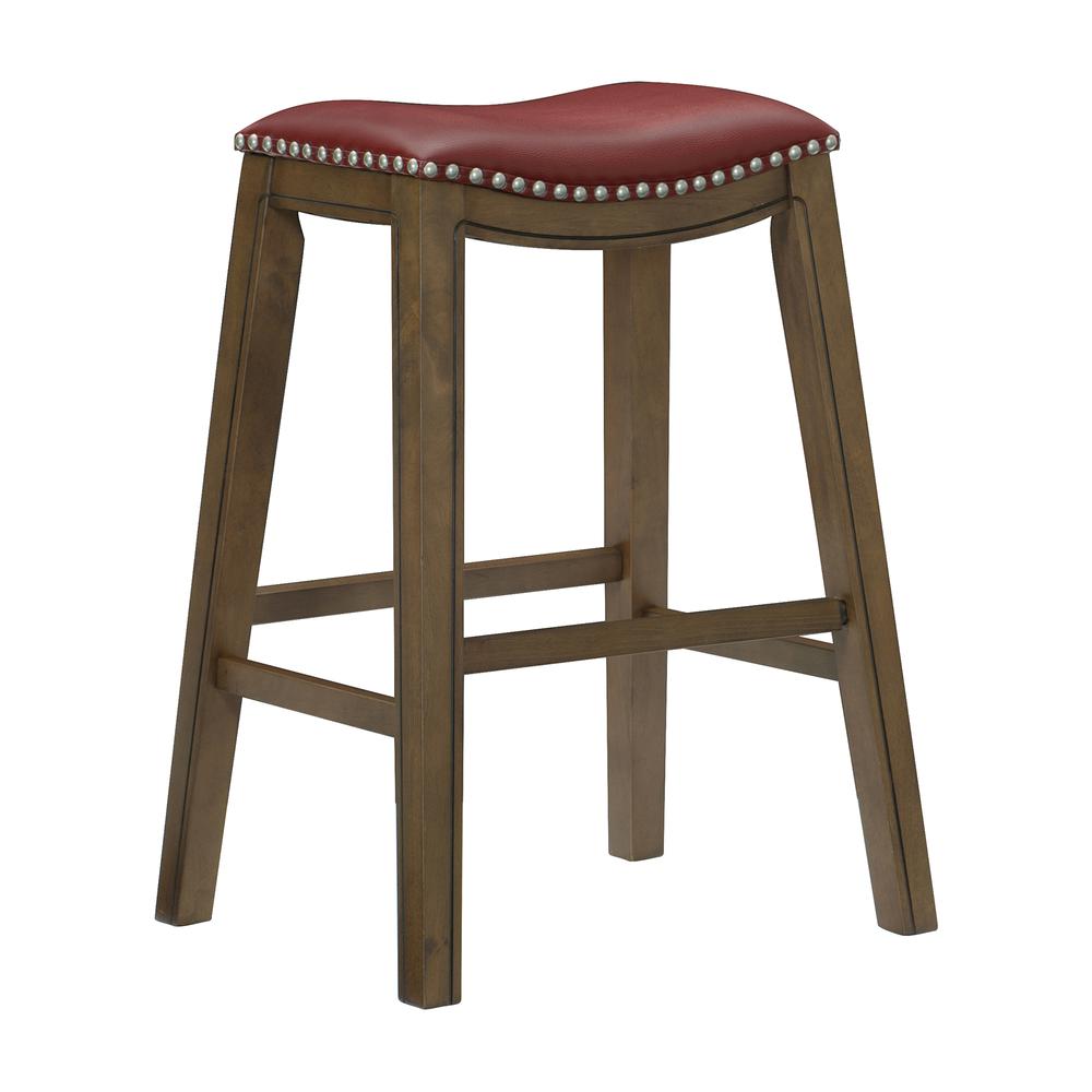 Pecos 31 in. Brown Backless Wood Frame Saddle Bar Stool with Red Faux Leather Seat. Picture 2