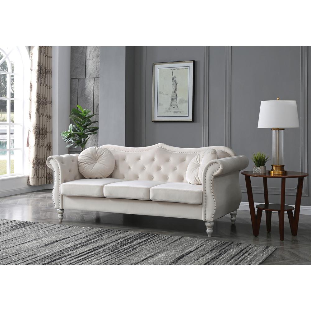Hollywood 82 in. Ivory Velvet Chesterfield 3-Seater Sofa with 2-Throw Pillow. Picture 5