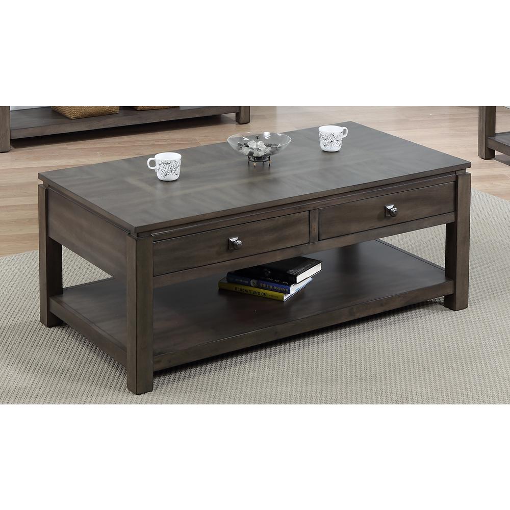 Shades of Gray 50 in. Weathered Grey Rectangular Solid Wood Coffee Table with 2 Drawers. Picture 5
