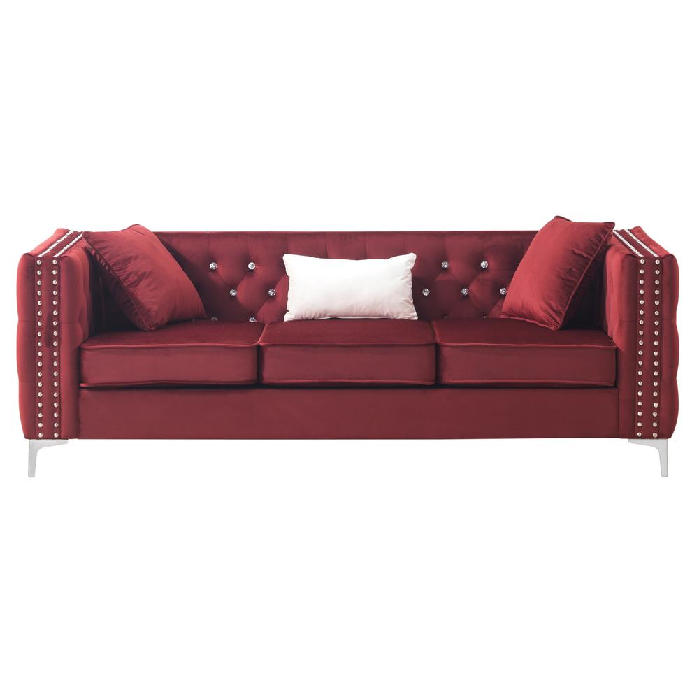 Paige 86 in. Burgundy Velvet 3-Seater Sofa with 2-Throw Pillow. Picture 1