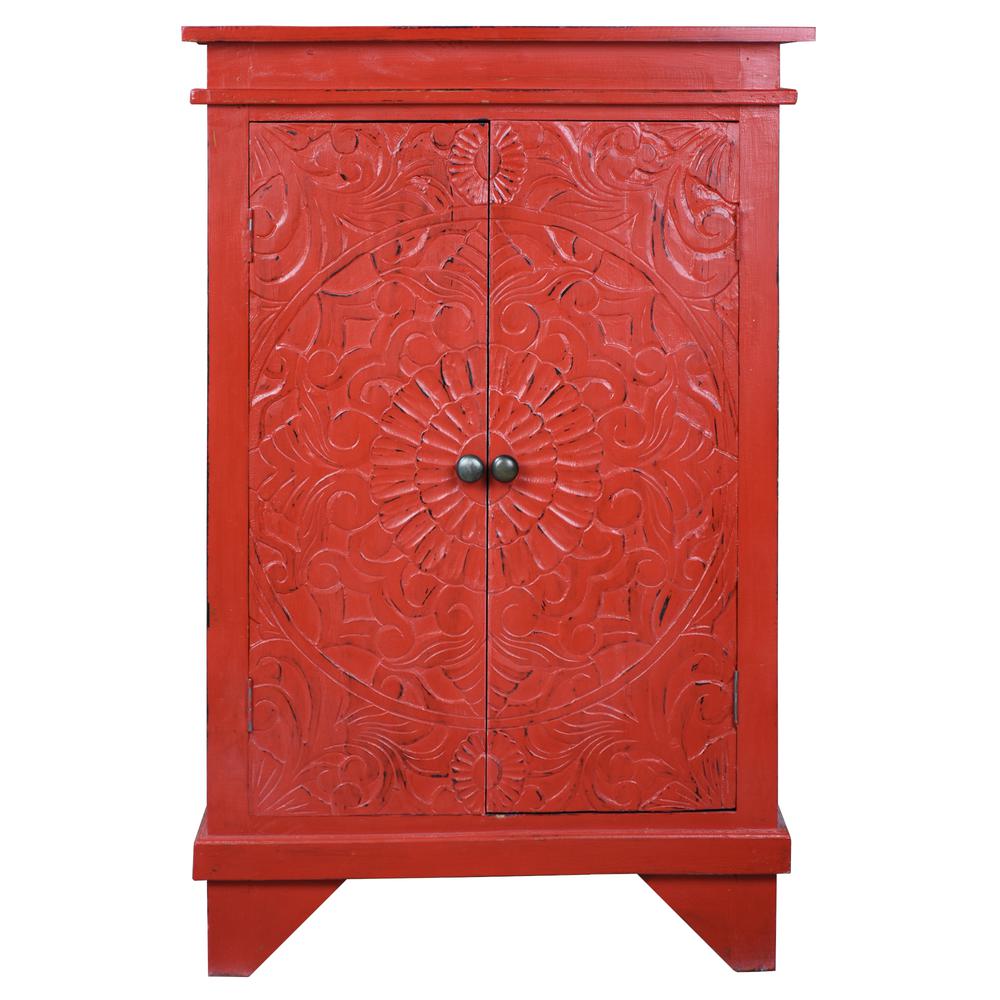 Shabby Chic Cottage Distressed Red Wood Carved Accent Cabinet. Picture 1