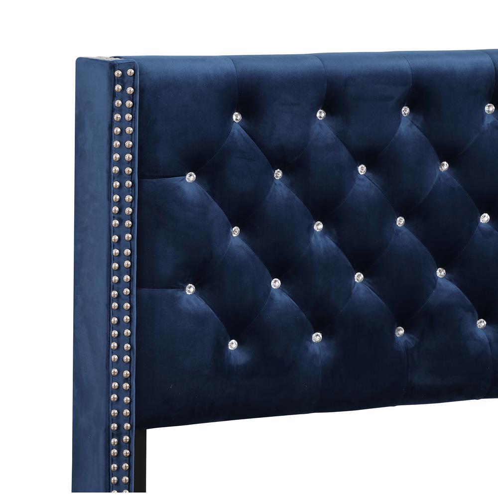 Julie Navy Blue Tufted Upholstered Low Profile King Panel Bed. Picture 4