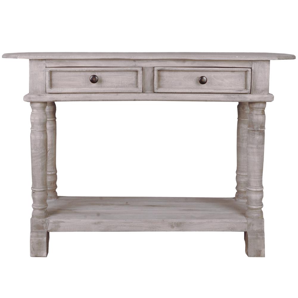 Shabby Chic Cottage 47 in. Natural Limewash Rectangle Solid Wood Console Table with 2 Drawers. Picture 1