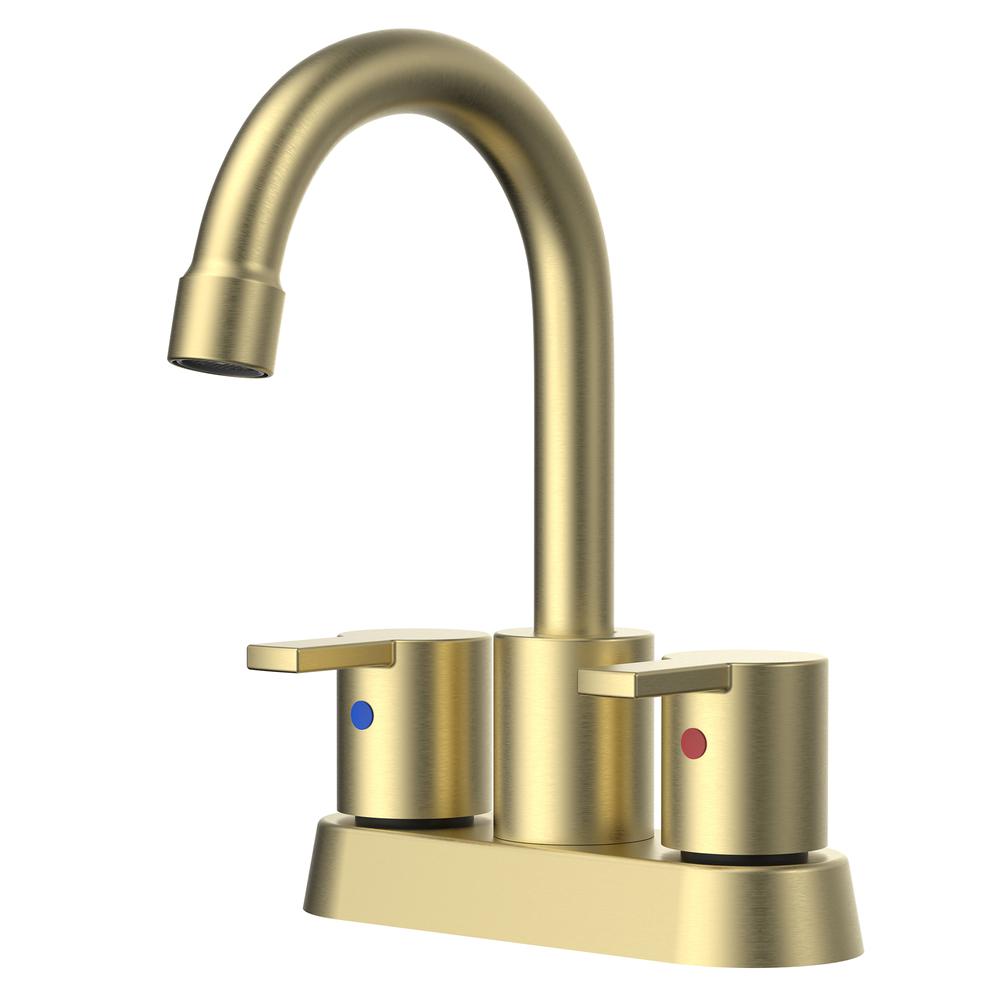 Alamo 4 in. Surface Mounted 2 Handles Bathroom Faucet with Drain Kit Included in Brushed Gold. Picture 2