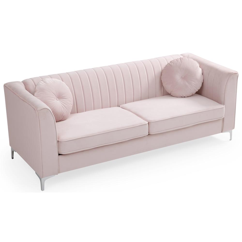 Delray 87 in. Pink Velvet 2-Seater Sofa with 2-Throw Pillow. Picture 3