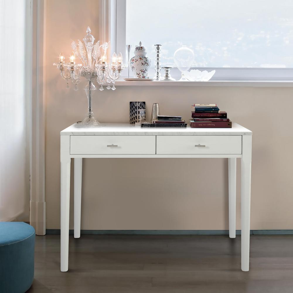 Meno 36" Rectangular Italian Carrara White Marble Console Table with White Legs. Picture 7