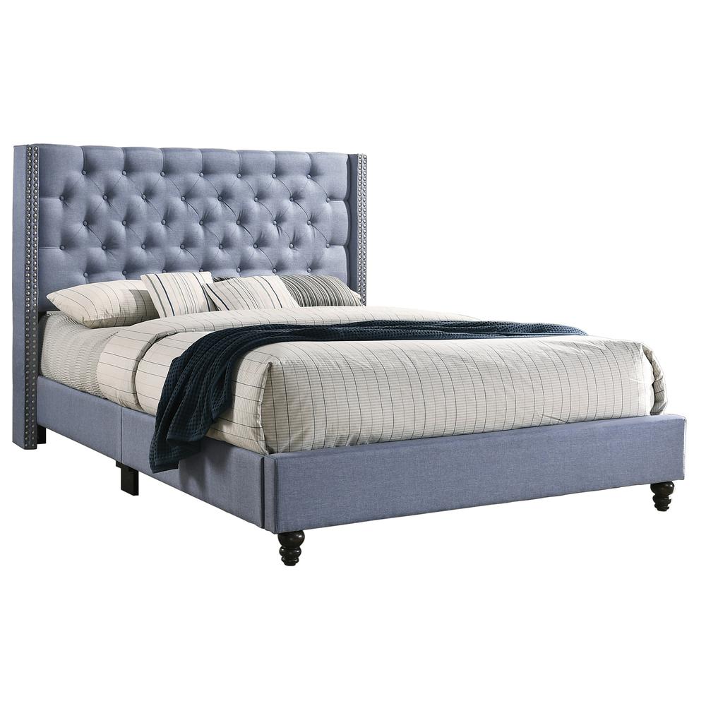 Julie Blue Tufted Upholstered Low Profile Queen Panel Bed. Picture 2