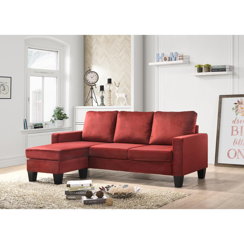 Jessica 77 in. W Flared Arm Velvet L Shaped Sofa in Burgundy. Picture 5