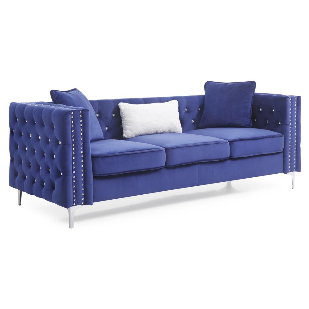 Paige 86 in. Blue Tufted Velvet 3-Seater Sofa with 2-Throw Pillow. Picture 2