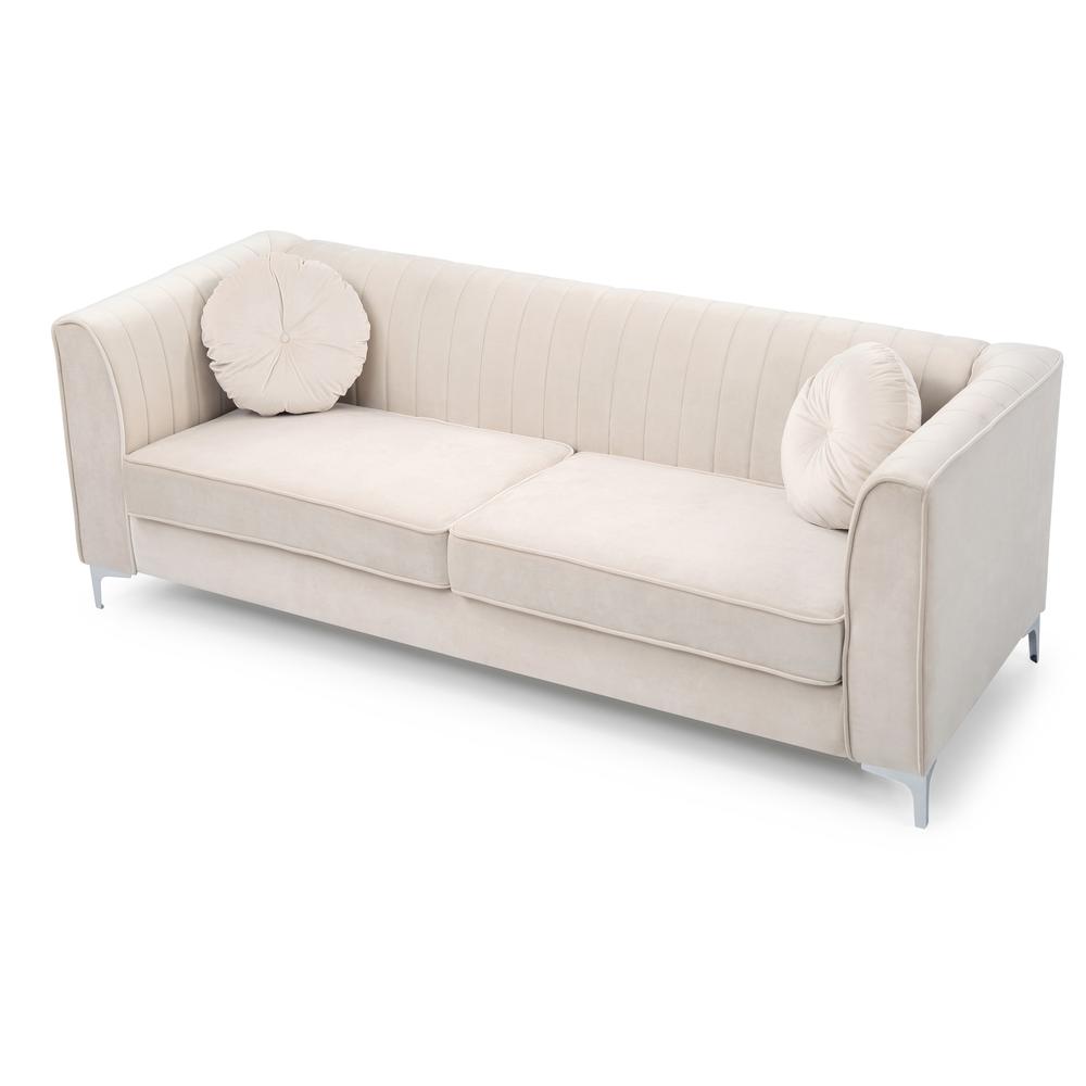 Delray 87 in. Ivory Velvet 2-Seater Sofa with 2-Throw Pillow. Picture 3