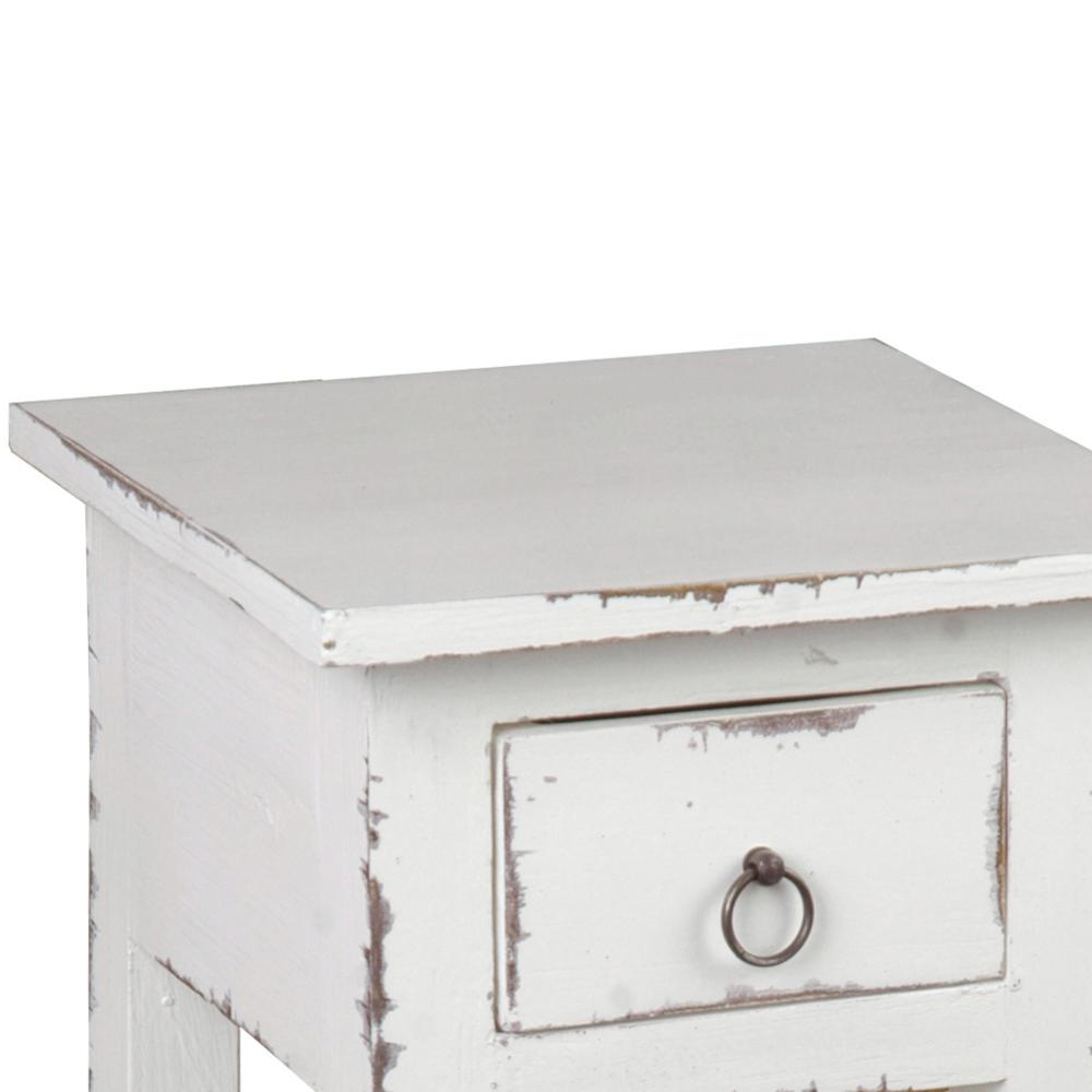 Shabby Chic Cottage 11.8 in. Light Distressed Whitewash Square Solid Wood End Table with 1 Drawer. Picture 4