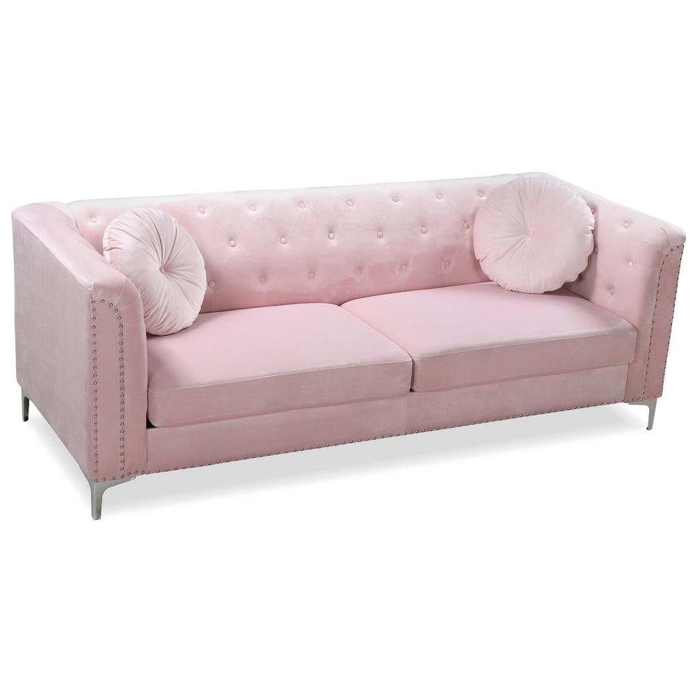 Pompano 83 in. Pink Tufted Velvet Loveseat with 2-Throw Pillow. Picture 3
