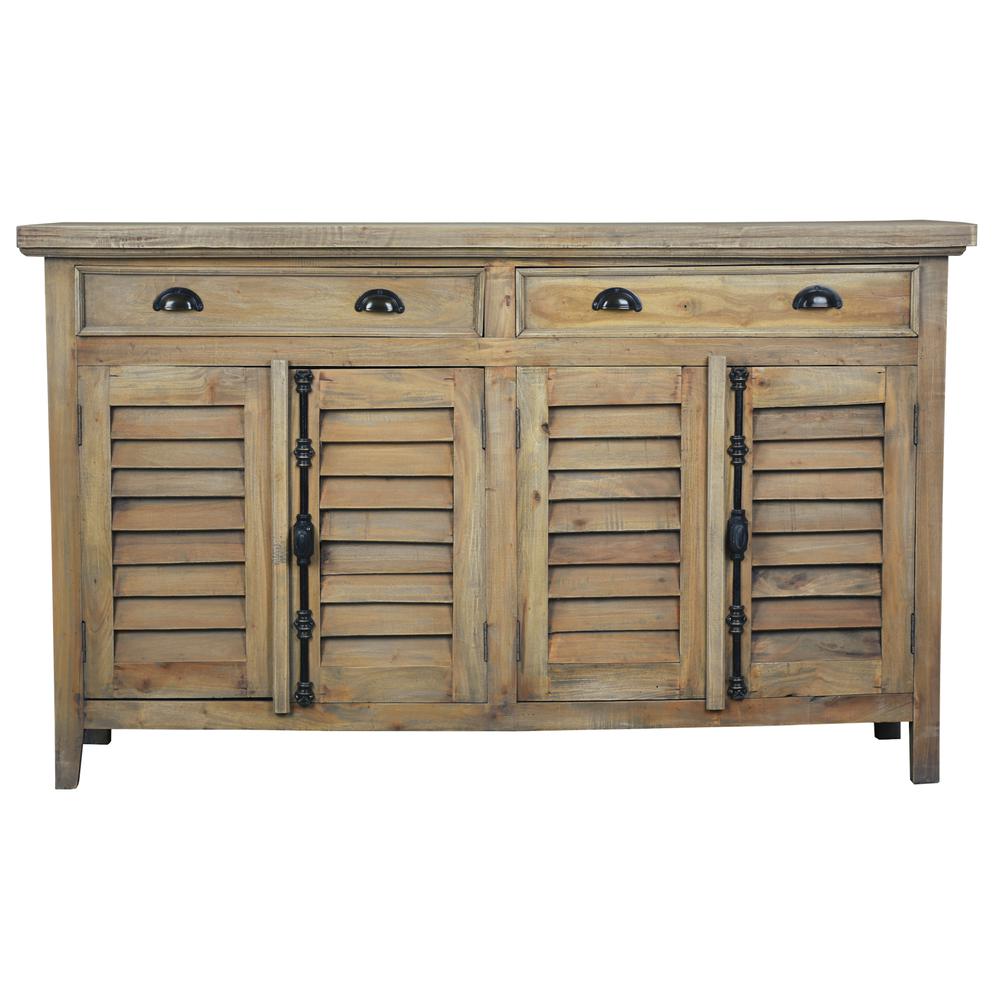 Shabby Chic Cottage 58 In. Wide Driftwood Brown Solid Wood Buffet with Shutter Door and Drawers. Picture 1