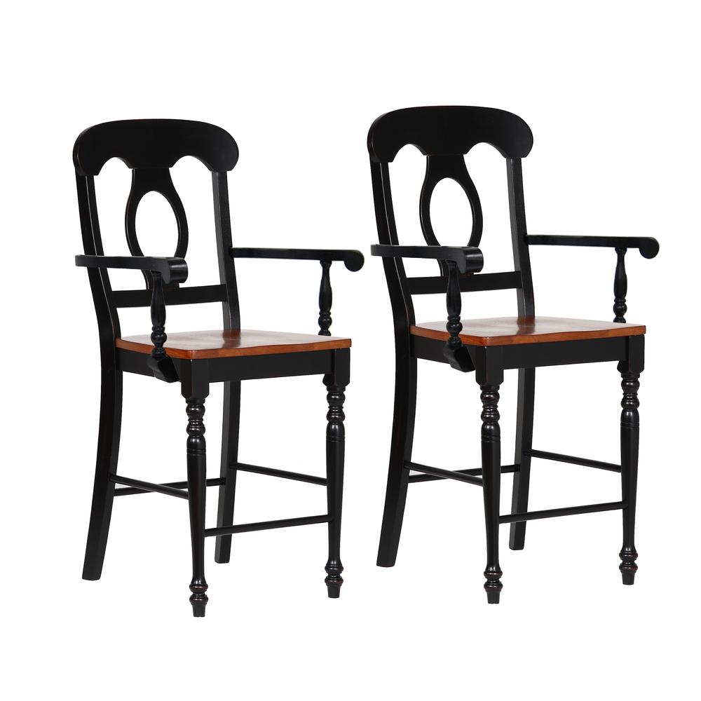 Selections 42.5 in. Antique Black with Cherry Rub High Back Wood Frame 24 in. Bar Stool (Set of 2). Picture 1