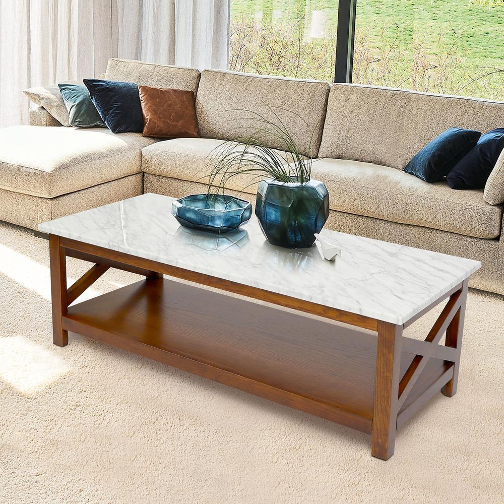 Agatha 44" Rectangular Italian Carrara White Marble Coffee Table with walnut color solid wood Legs. Picture 7
