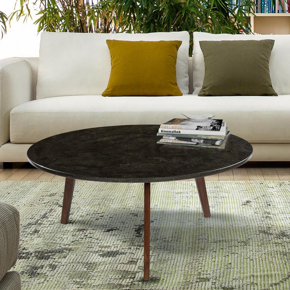 Stella 31" Round Italian Black Marble Coffee Table with Walnut Legs. Picture 6