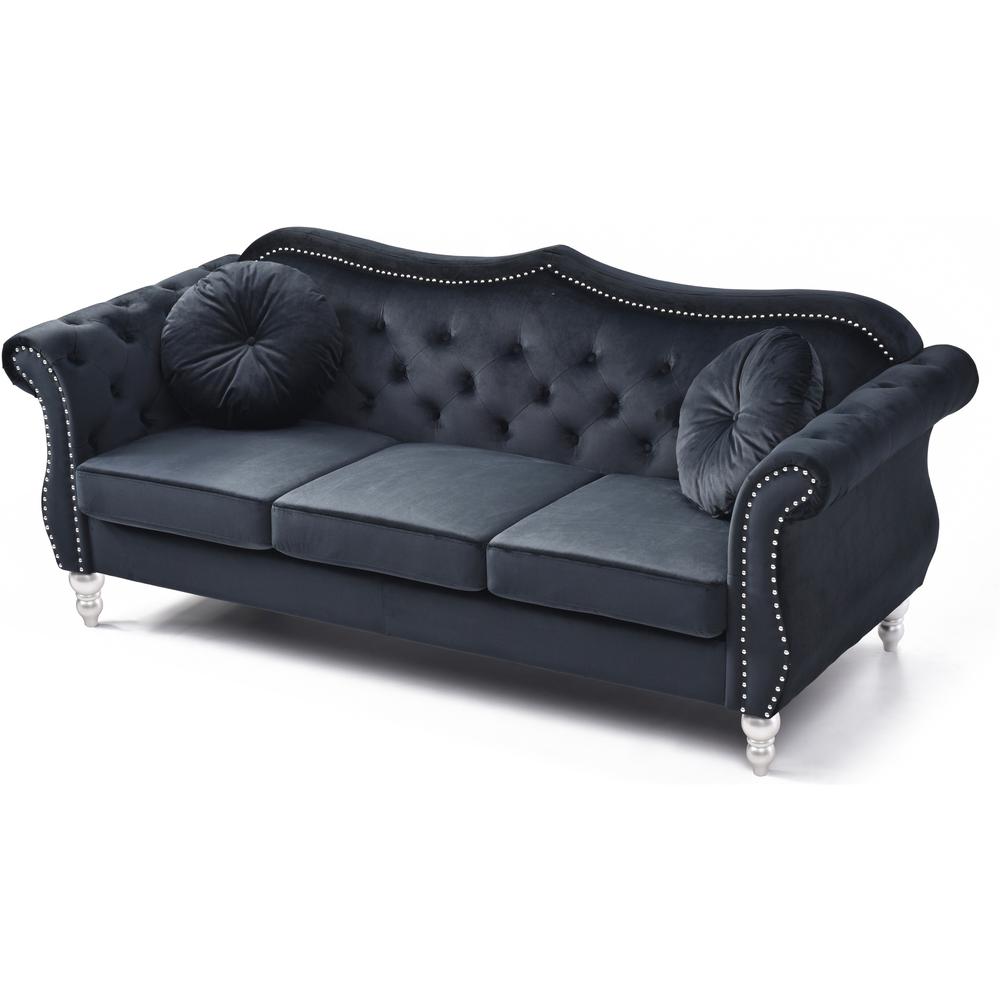 Hollywood 82 in. Black Velvet Chesterfield 3-Seater Sofa with 2-Throw Pillow. Picture 3