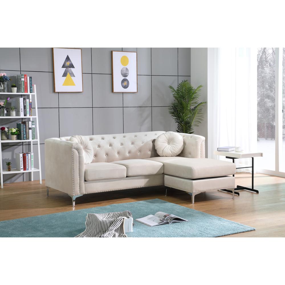 Pompano 83 in. Ivory Tufted Velvet Sectional with 2-Throw Pillow. Picture 6