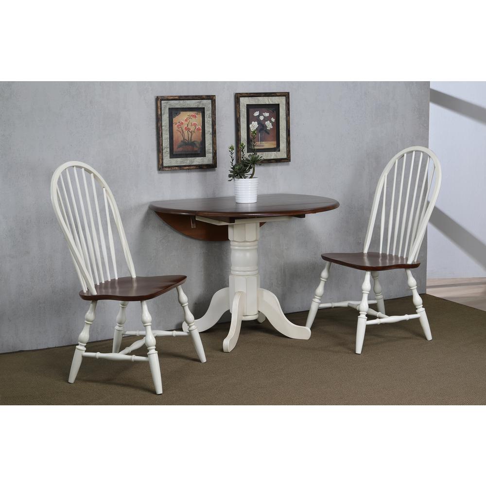 Andrews 3-Piece Round Wood Top Distressed Antique White with Chestnut Brown Dining Set. Picture 7