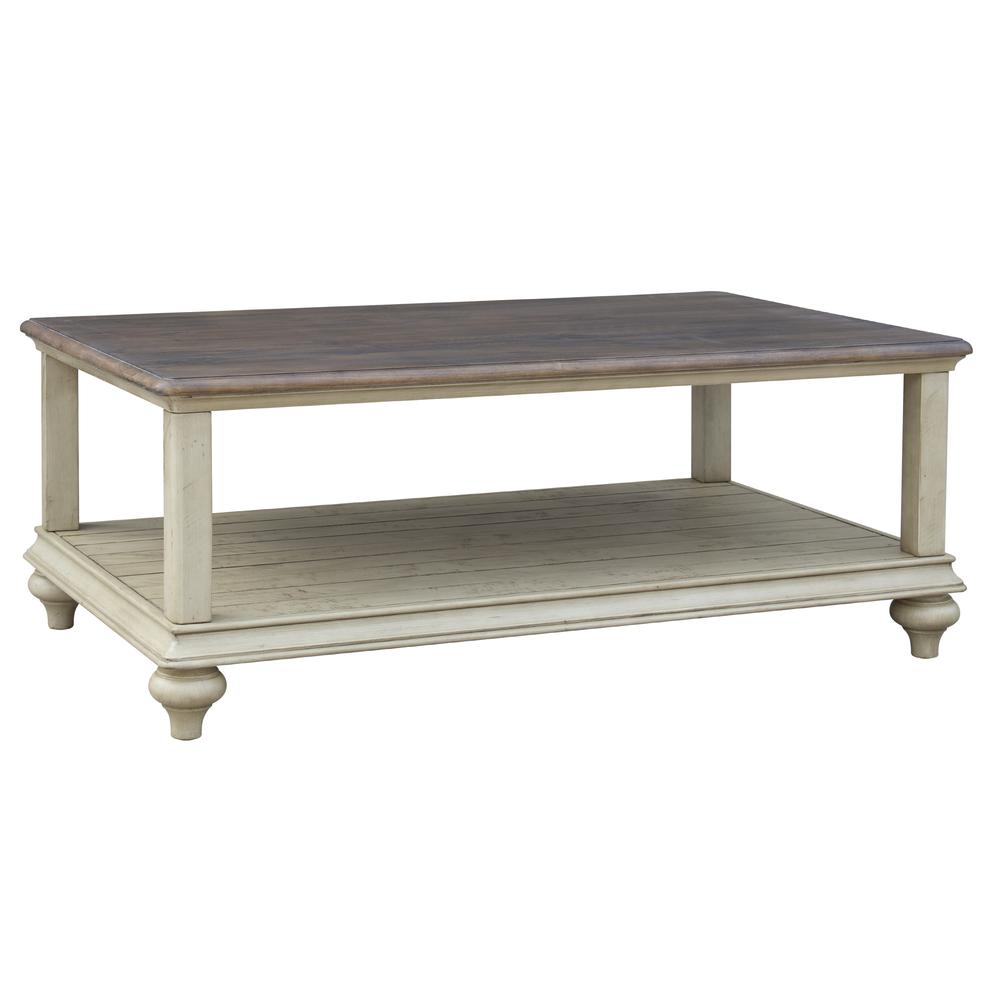 Shades of Sand 48 in. Distressed Cream Puff and Walnut Brown Rectangular Solid Wood End Table. Picture 2