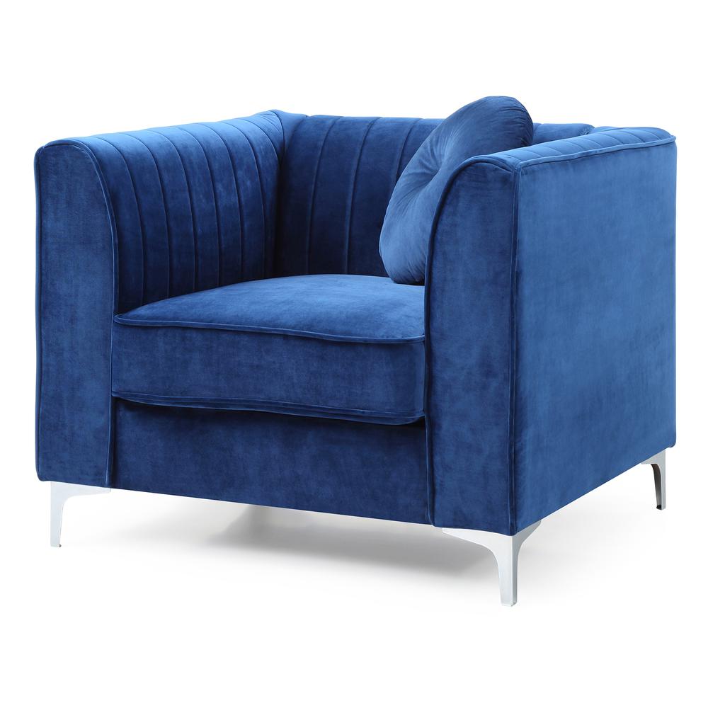 Delray Navy Blue Vertical Channel Quilted Accent Chair with Round Throw Pillow. Picture 2