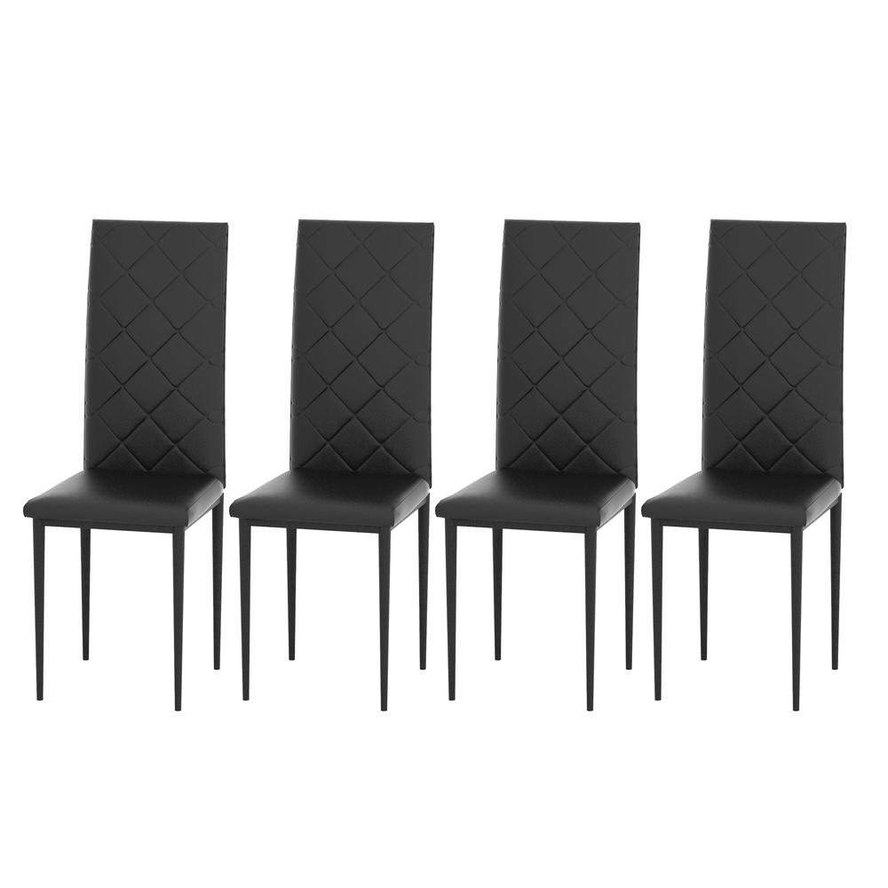 Tansole 5-Piece Rectangle Glass Top Black Metal Frame Rhombic Leather Dinning Chair and Table Set. Picture 4