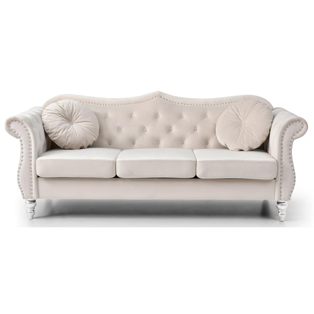 Hollywood 82 in. Ivory Velvet Chesterfield 3-Seater Sofa with 2-Throw Pillow. Picture 2
