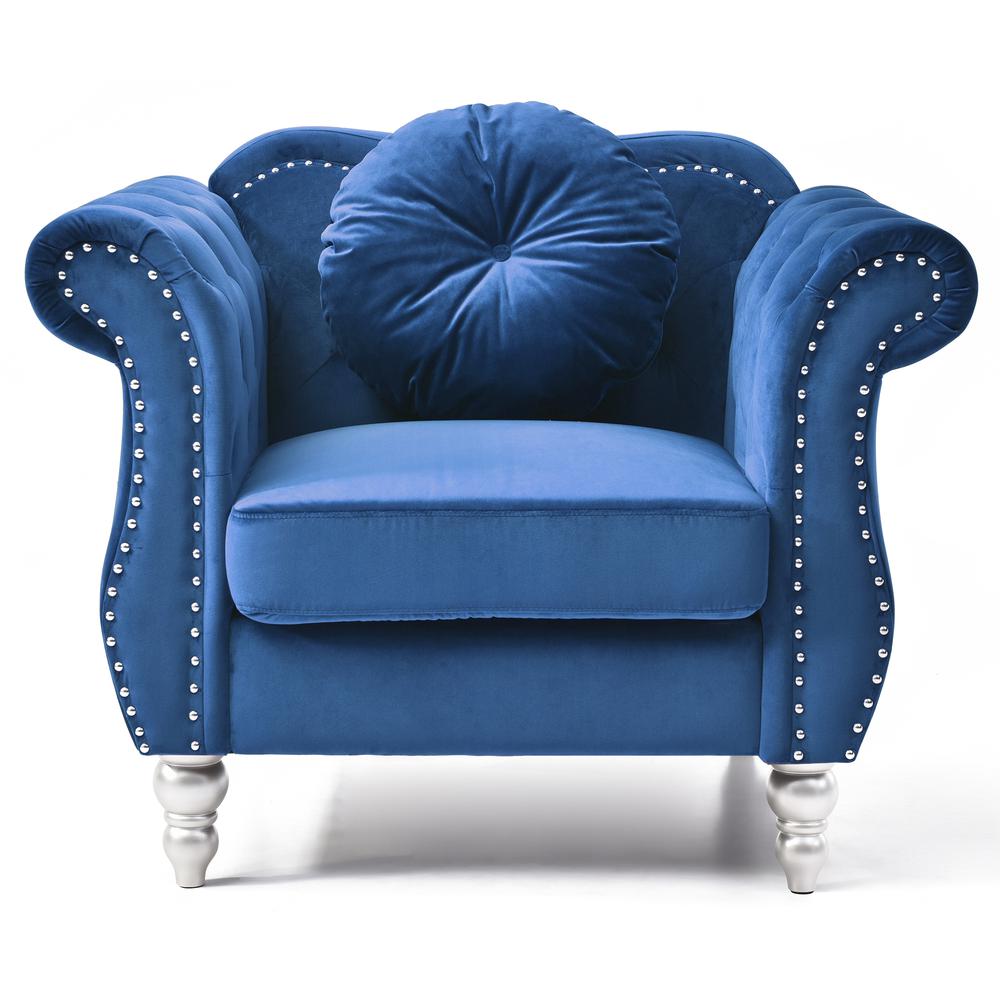 Hollywood Navy Blue Chesterfield Tufted Velvet Accent Chair with Round Throw Pillow. Picture 1