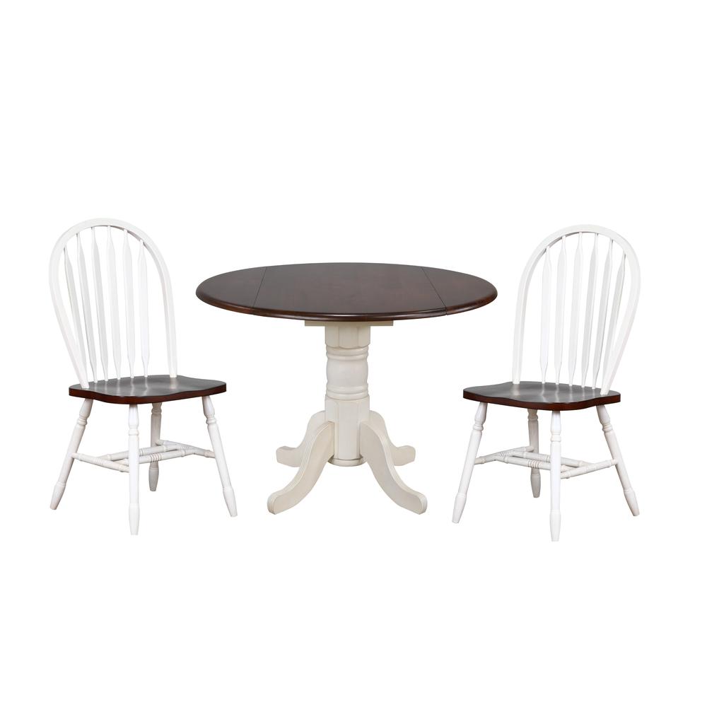3-Piece Round Wood Top Distressed Antique White with Chestnut Brown Dining Set. Picture 1