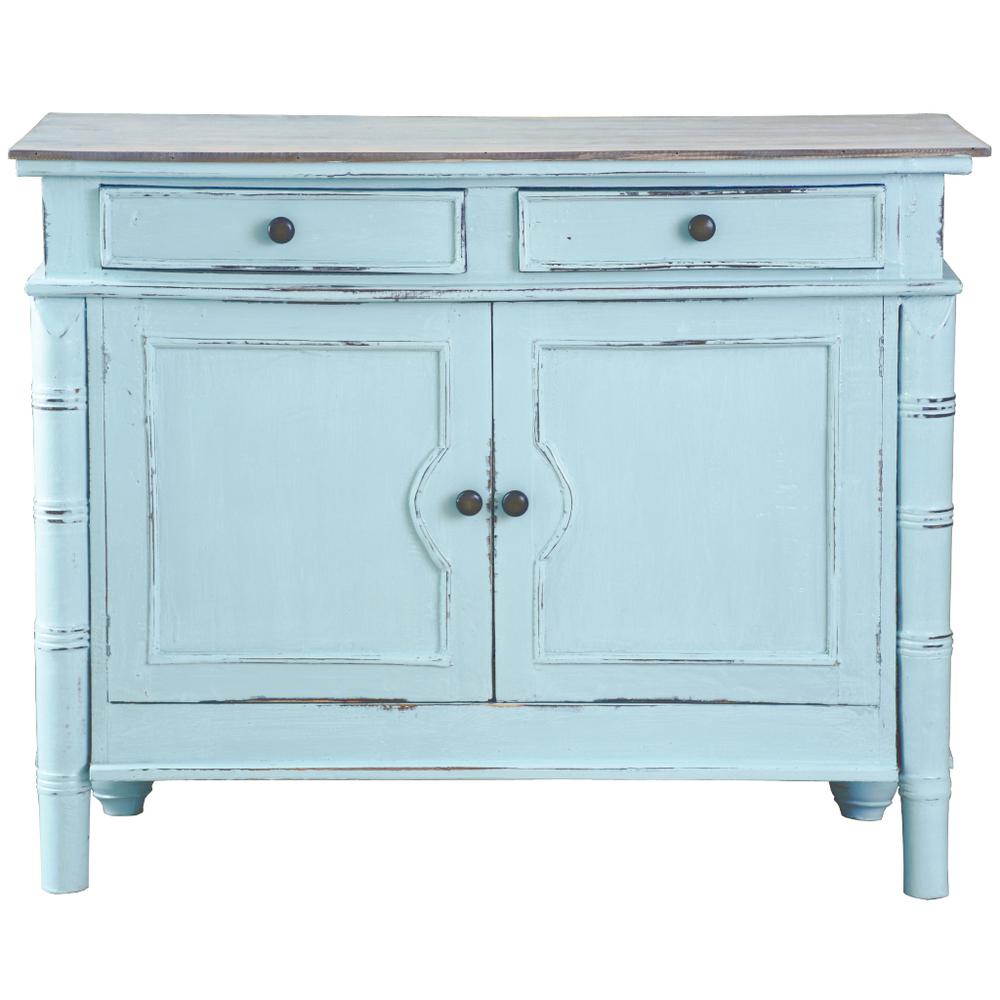 Shabby Chic Cottage Sky Blue and Lime Wash Accent Cabinet with 2 Doors and 2 Drawers. Picture 1