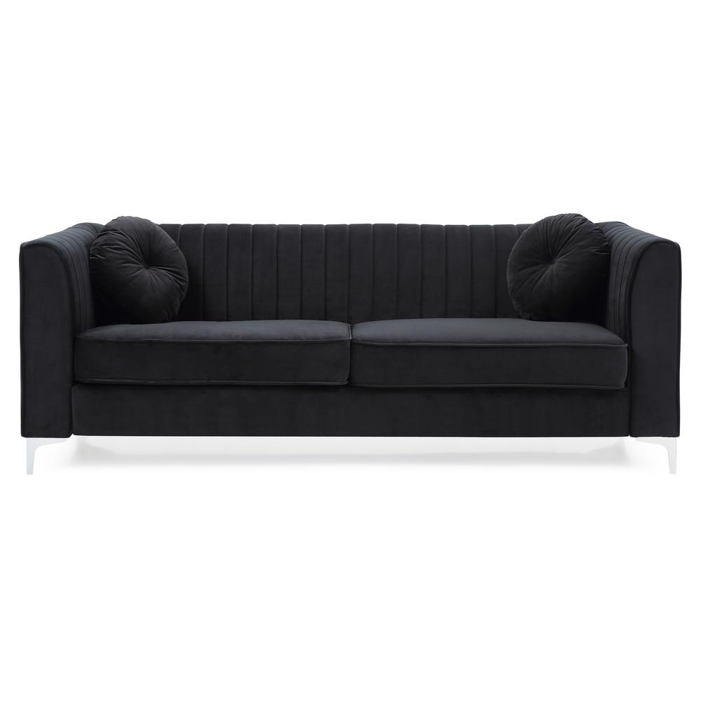Delray 87 in. Black Velvet 2-Seater Sofa with 2-Throw Pillow. Picture 2