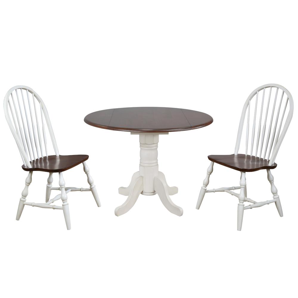 Andrews 3-Piece Round Wood Top Distressed Antique White with Chestnut Brown Dining Set. Picture 1