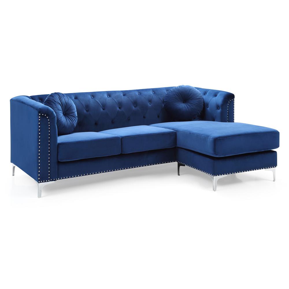 Pompano 83 in. Navy Blue Velvet L-Shape 3-Seater Sofa with 2-Throw Pillow. Picture 1