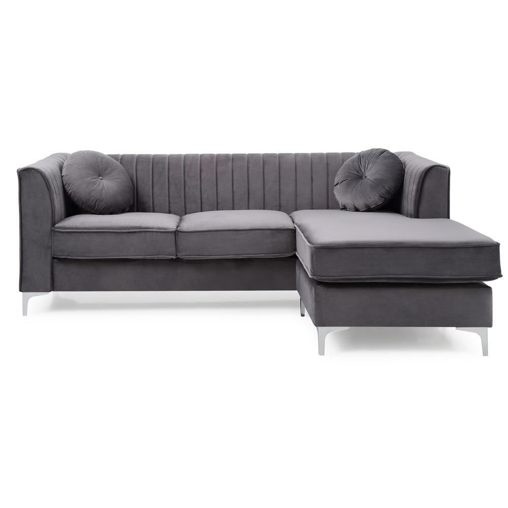 Delray 87 in. Gray Velvet L-Shape 3-Seater Sectional Sofa with 2-Throw Pillow. Picture 2