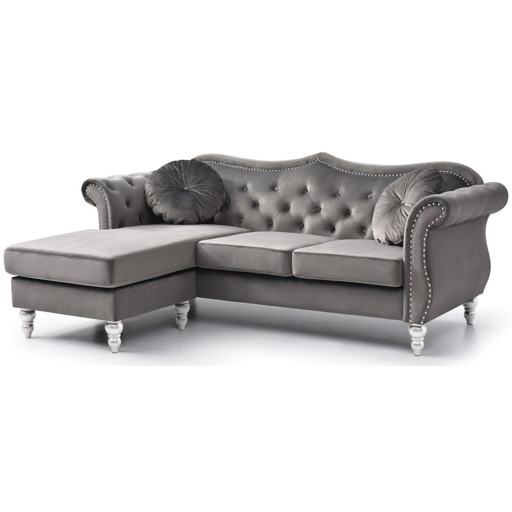 Hollywood 81 in. Dark Gray Velvet Chesterfield Sectional Sofa with 2-Throw Pillow. Picture 1