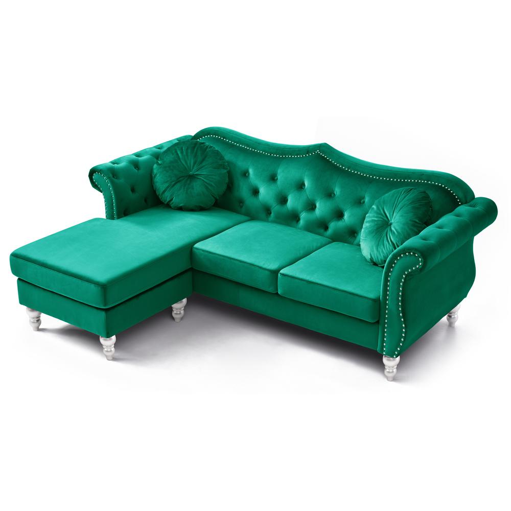 Hollywood 81 in. Green Velvet Chesterfield Sectional Sofa with 2-Throw Pillow. Picture 3